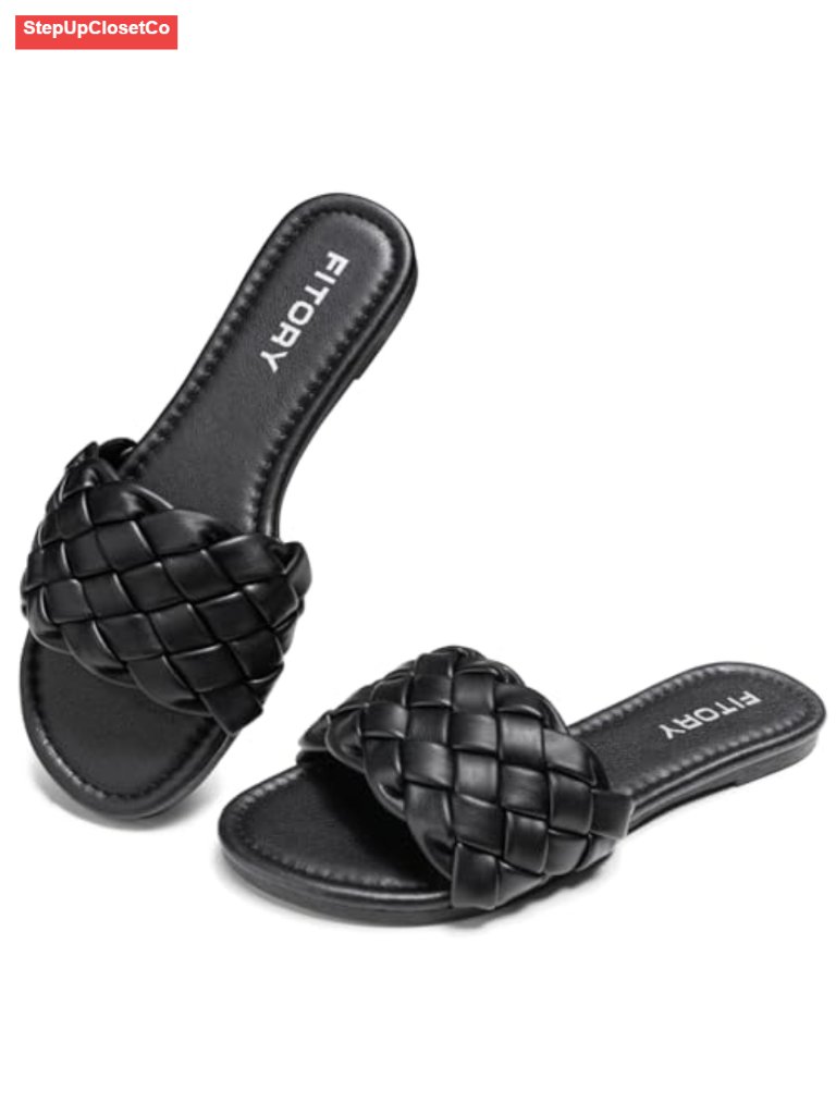 Womens Flat Sandals Round Open Toe Slip On Slides Braided Strap Summer
